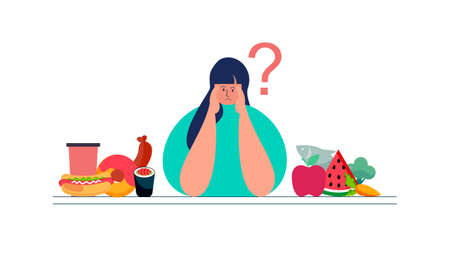 Woman choosing between healthy and unhealthy food concept illustrationのイラスト素材