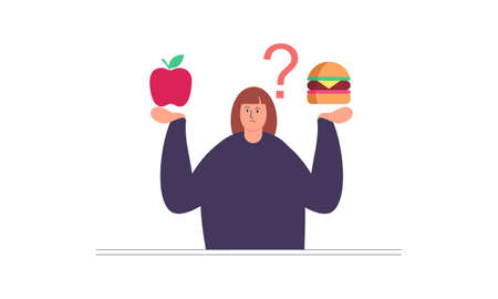 Woman choosing between healthy and unhealthy food concept illustrationのイラスト素材