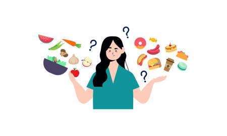 Woman choosing between healthy and unhealthy food concept illustrationのイラスト素材