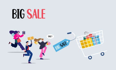 People run with shopping cart bag present box black friday big sale banner vector illustrationのイラスト素材