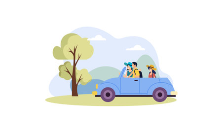 Happy family travelling by car illustration. Travel, road trip, transportation conceptのイラスト素材