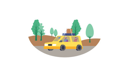 Happy family travelling by car illustration. Travel, road trip, transportation conceptのイラスト素材