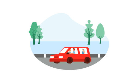 Happy family travelling by car illustration. Travel, road trip, transportation conceptのイラスト素材
