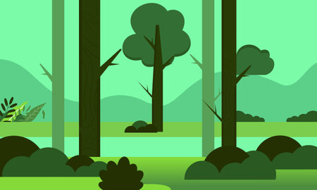 Jungle landscape. Panorama with tropical plants, lianas and tree trunk with falling sunlight on green grass on groundのイラスト素材