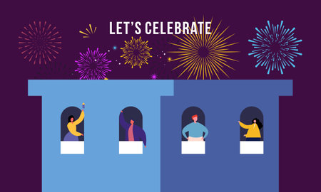 Celebration at home with neighbors. People standing on balconies, looking out of windows. Fireworks, independence day in the city illustrationのイラスト素材