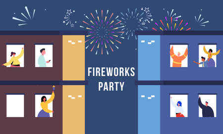 Celebration at home with neighbors. People standing on balconies, looking out of windows. Fireworks,...