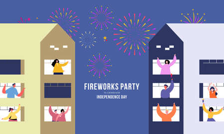 Celebration at home with neighbors. People standing on balconies, looking out of windows. Fireworks, independence day in the city illustrationのイラスト素材