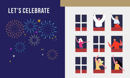 Celebration at home with neighbors. People standing on balconies, looking out of windows. Fireworks, independence day in the city illustrationのイラスト素材