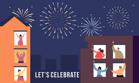 Celebration at home with neighbors. People standing on balconies, looking out of windows. Fireworks, independence day in the city illustrationのイラスト素材