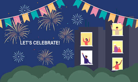 Celebration at home with neighbors. People standing on balconies, looking out of windows. Fireworks, independence day in the city illustrationのイラスト素材