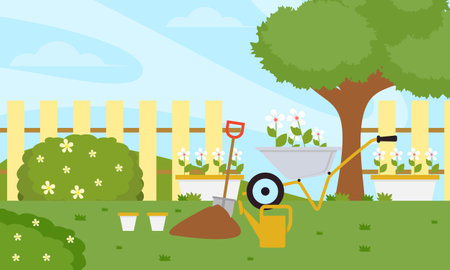 Gardening equipments in the garden illustrationのイラスト素材