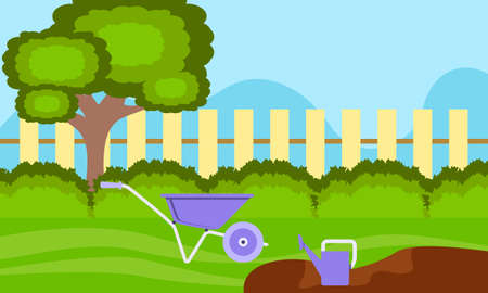 Gardening equipments in the garden illustrationのイラスト素材
