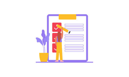 Task done business concept with tiny person with megaphone, pencil nearby giant clipboard complete checklist illustrationのイラスト素材