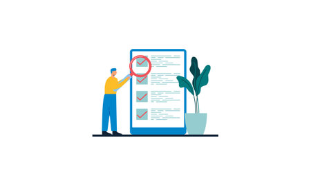 Task done business concept with tiny person with megaphone, pencil nearby giant clipboard complete checklist illustrationのイラスト素材