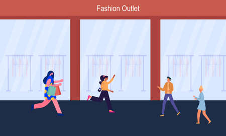 Fashion outlet, shopping center or mall and people, buyers or customers walking along city street illustrationのイラスト素材