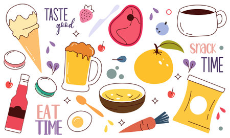Hand drawn various food and drink doodle vector illustrationのイラスト素材