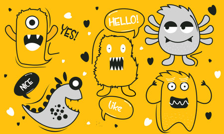 Doodle cute monster icons hand drawn coloring