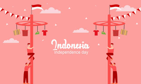 Spirit of Indonesian Independence Day. 17 august carrying flags celebrating independence dayのイラスト素材