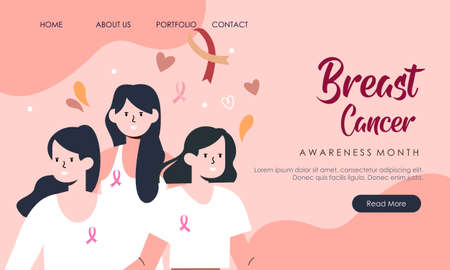 Breast cancer awareness month of diverse ethnic women group together with pink support ribbon concept illustrationのイラスト素材