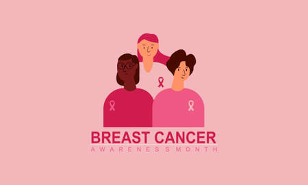 Breast cancer awareness month of diverse ethnic women group together with pink support ribbon concept illustrationのイラスト素材