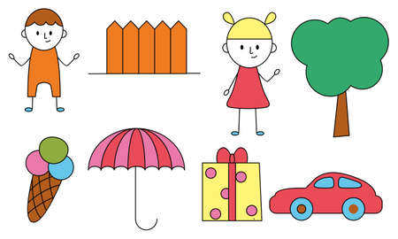 Cute children's drawing, kids doodles illustration vectorのイラスト素材