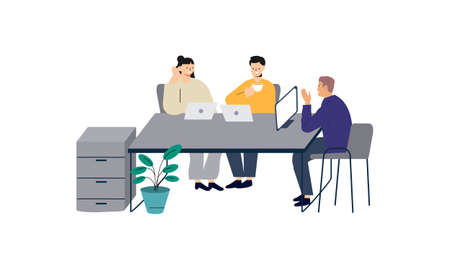Group of office workers sitting at desks and communicating or talking to each other. Dialogs or conversations between colleagues or clerks at workplace illustrationのイラスト素材
