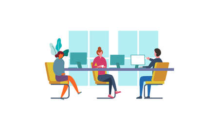 Group of office workers sitting at desks and communicating or talking to each other. Dialogs or conversations between colleagues or clerks at workplace illustrationのイラスト素材