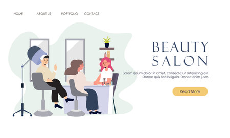 Woman in beauty salon, professional hairdresser and makeup artist people illustration. Beautiful girl haircut styling, cosmetic salon customerのイラスト素材