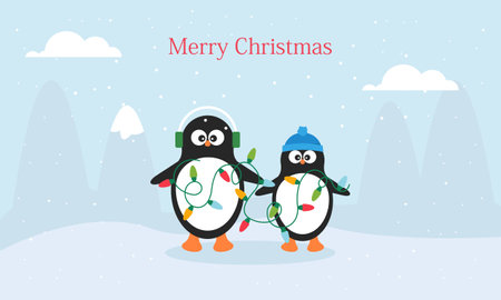 Merry christmas card with cute winter penguins vector illustrationのイラスト素材