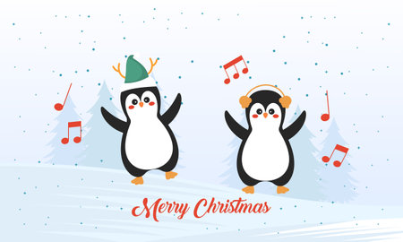 Merry christmas card with cute winter penguins vector illustrationのイラスト素材
