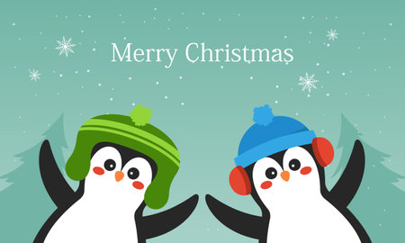 Merry christmas card with cute winter penguins vector illustrationのイラスト素材