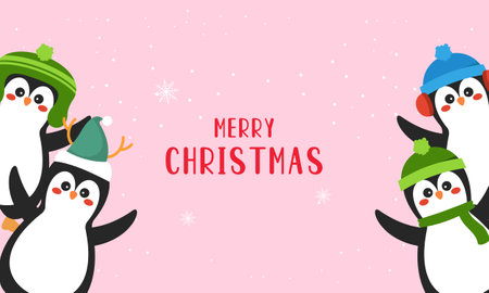 Merry christmas card with cute winter penguins vector illustrationのイラスト素材