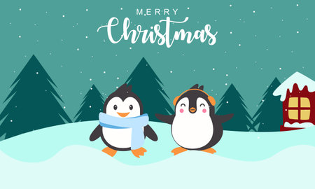 Merry christmas card with cute winter penguins vector illustrationのイラスト素材