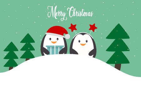 Merry christmas card with cute winter penguins vector illustrationのイラスト素材