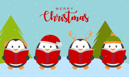Merry christmas card with cute winter penguins vector illustrationのイラスト素材
