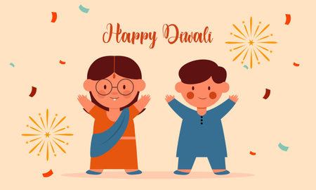 Indian people celebrating on Happy Diwali Hindu illustration. Holiday background for light festival of Indiaのイラスト素材