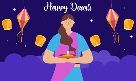 Indian people celebrating on Happy Diwali Hindu illustration. Holiday background for light festival of Indiaのイラスト素材