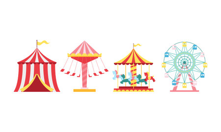 Amusement park attractions. carnival kids carousel, ferris wheel attraction and amusing fairground entertainments illustrationのイラスト素材