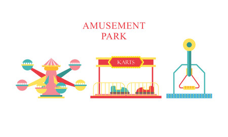 Amusement park attractions. carnival kids carousel, ferris wheel attraction and amusing fairground entertainments illustrationのイラスト素材