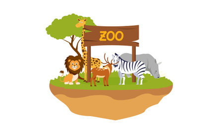 Zoo cartoon illustration with safari animals on forest backgroundのイラスト素材