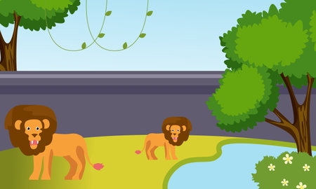 Zoo cartoon illustration with safari animals on forest backgroundのイラスト素材