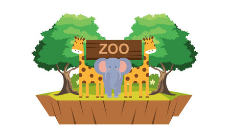 Zoo cartoon illustration with safari animals on forest backgroundのイラスト素材