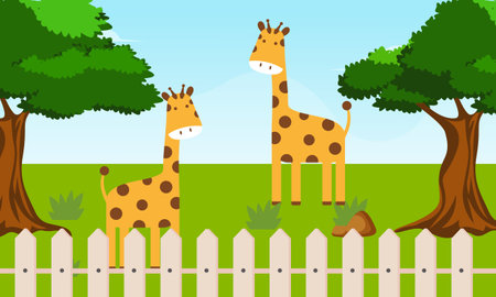 Zoo cartoon illustration with safari animals on forest backgroundのイラスト素材