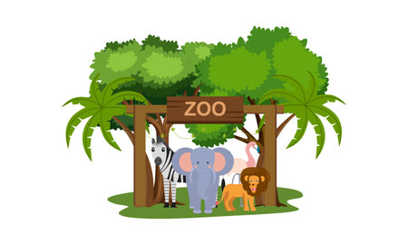 Zoo cartoon illustration with safari animals on forest backgroundのイラスト素材