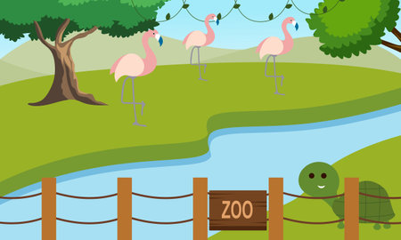 Zoo cartoon illustration with safari animals on forest backgroundのイラスト素材
