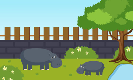 Zoo cartoon illustration with safari animals on forest backgroundのイラスト素材