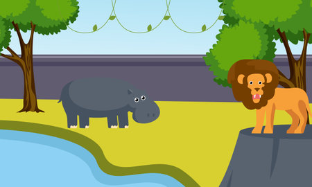 Zoo cartoon illustration with safari animals on forest backgroundのイラスト素材