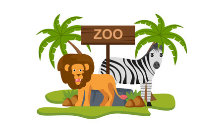 Zoo cartoon illustration with safari animals on forest backgroundのイラスト素材