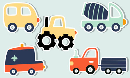 Set of funny transport stickers for kids hand drawn graphic. Vector illustration.のイラスト素材
