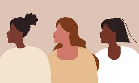Female diverse faces of different ethnicity poster. Women empowerment movement. International women dayのイラスト素材